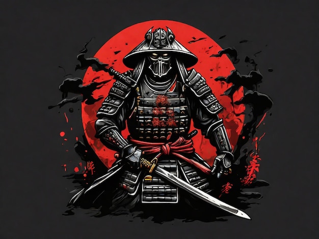 illustration of a Japanese samurai fighting with sword and helmet in the style of chinese ink painting vector illustration