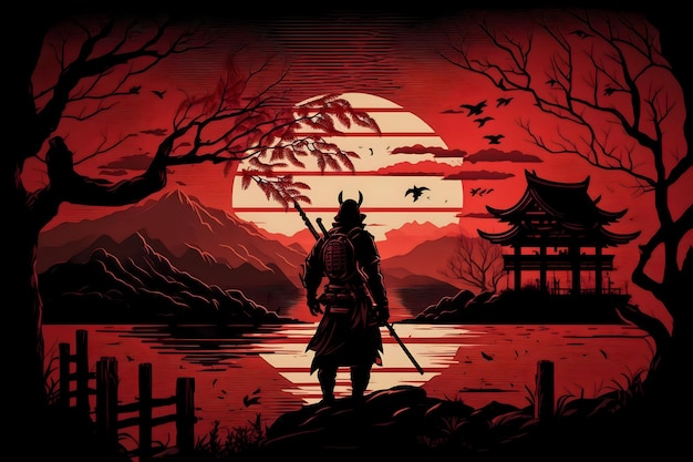 Illustration of Japanese samurai watch sunset with mountain and a lake background red white and black artistic art good for Tshirt poster canvas mug cover and other