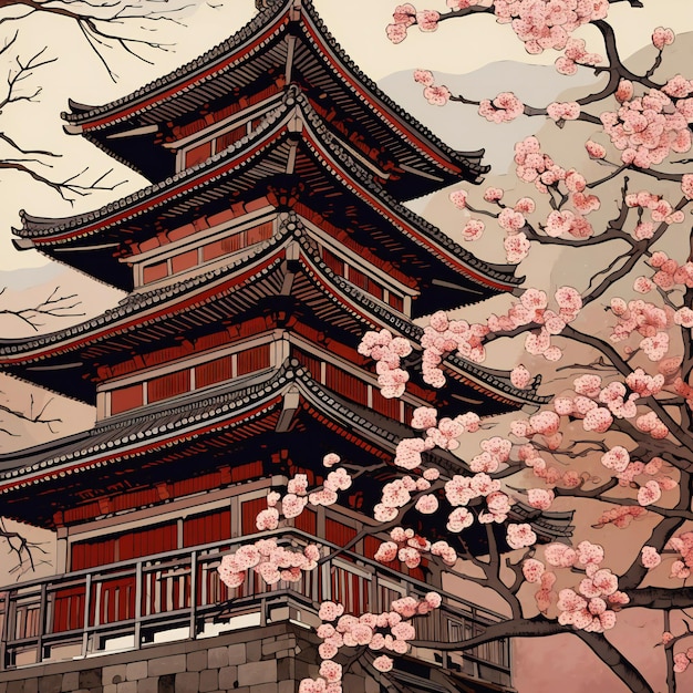 Illustration of Japanese temple with cherry blossom in full bloom