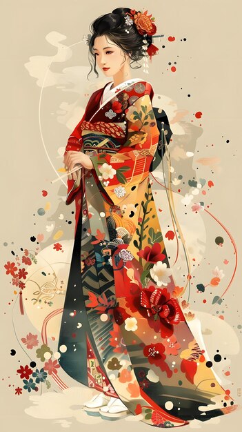 An illustration of a Japanese woman wearing a kimono with a red and white background