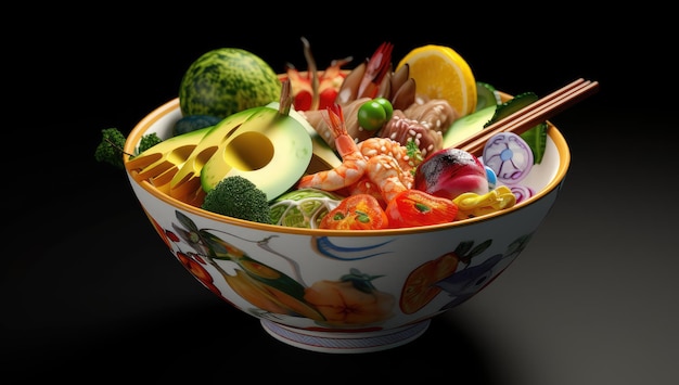 Illustration of a Japanesestyle bowl filled with different fresh vegetables and fruits Generative AI