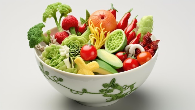 Illustration of a Japanesestyle bowl filled with different fresh vegetables and fruits Generative AI