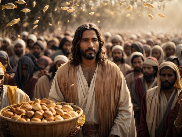 An illustration of Jesus Christ feeding multitudes