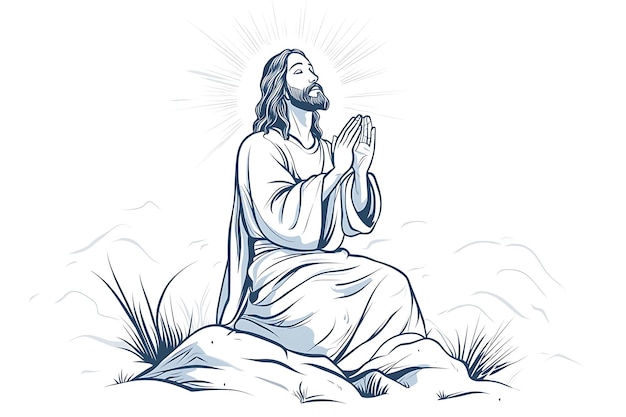 Illustration of Jesus Christ kneeling in prayer with a radiant sun halo behind him