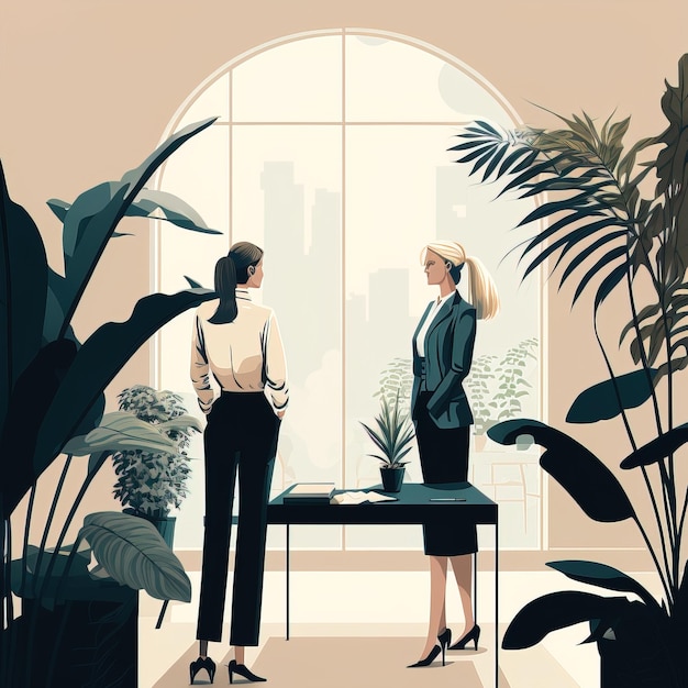 illustration of A joyful business woman works in an office A young and enterprising employee