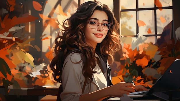 Illustration of A joyful business woman works in an office A young and enterprising employee