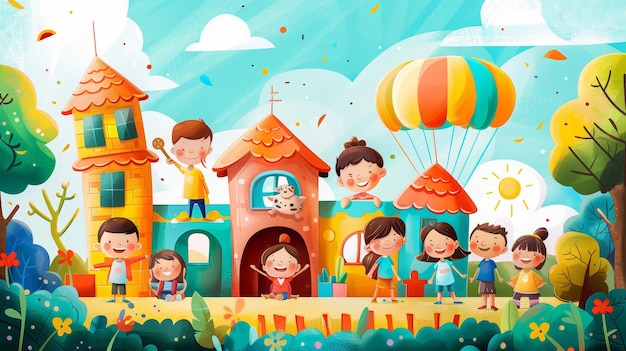 Illustration of joyful children playing in a vibrant park with whimsical houses