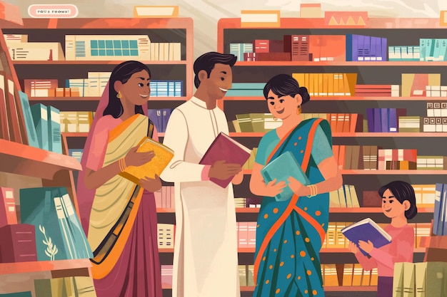 Illustration of a joyful Indian family browsing through books in a colorful bookstore