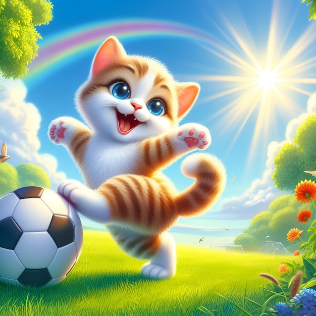 Illustration of joyful kitten playing soccer on vibrant green grass under a clear blue sky