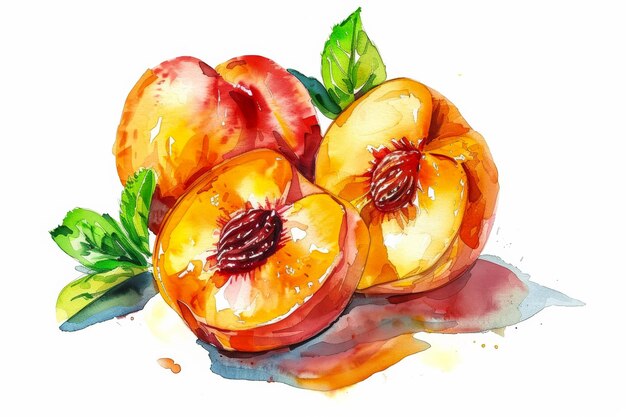 Photo illustration of a juicy grilled peach with caramelized edges and fresh mint cute ink watercolor