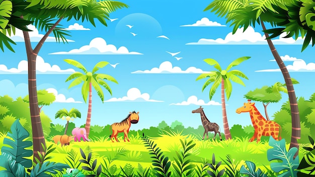 An illustration of a jungle scene with animals and a blue sky with clouds