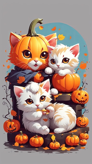 illustration Kawaii Kittens playing with a small pumpkin Halloween side view sticker clean whi