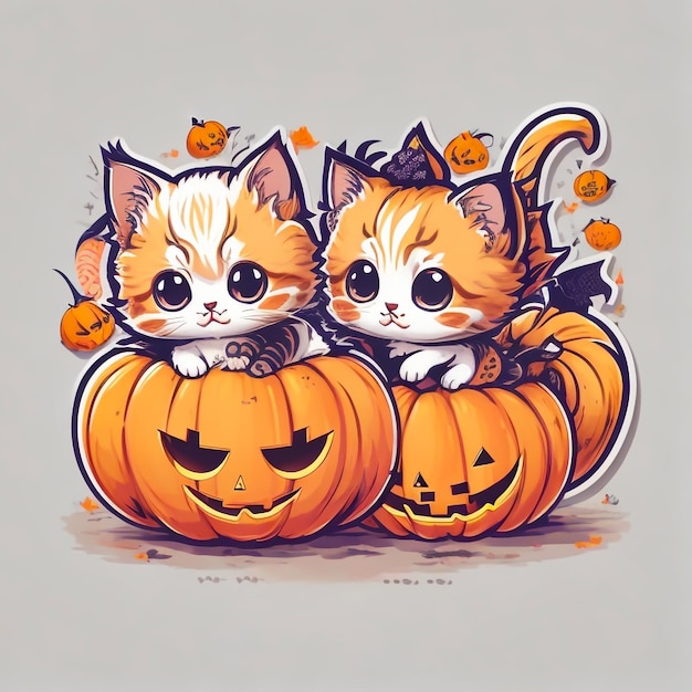 illustration Kawaii Kittens playing with a small pumpkin