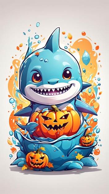 illustration Kawaii shark playing with a small pumpkin Halloween side view sticker clean white