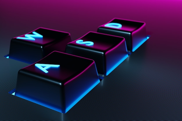 illustration keyboard buttons WASD with neon  pink and blue light on black background.