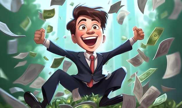 illustration a kid corporate uniform jump happy some dollar money fly around with illustration