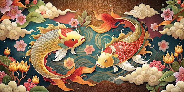 illustration koi fish Luxury Chinese background Chinese and Japanese wallpaper