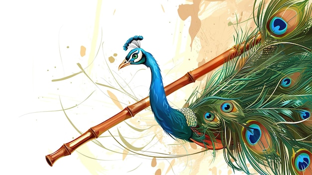 Photo illustration of a krishna flute with peacock feather on a solid background generative ai