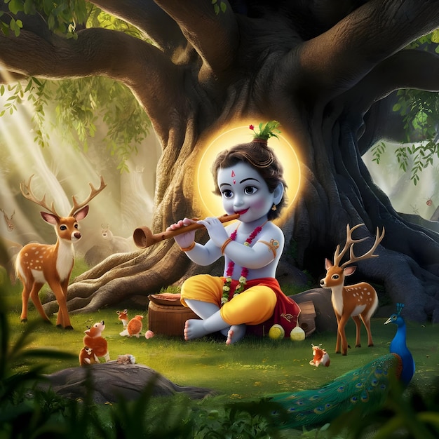 an illustration of Krishna playing a flute with deers