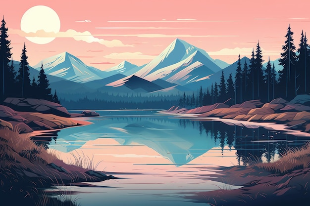 a illustration of a lake surrounded by mountains