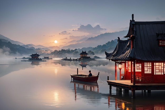 Illustration of a lake with chinese houses on it and canoe