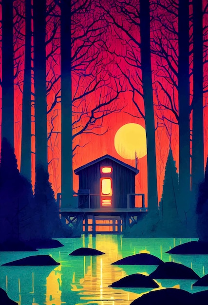 Illustration of lakeside cabin in the forest with pine trees in the background