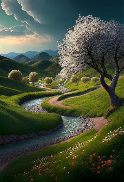 Illustration landscape of countryside river and blossom treeCreated with Generative AI technology