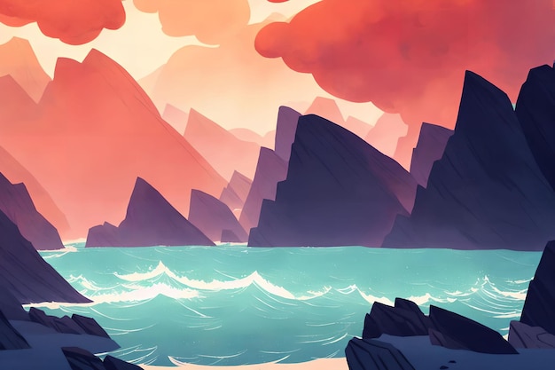 Illustration landscape view of the sea ocean and rock generative art by AI