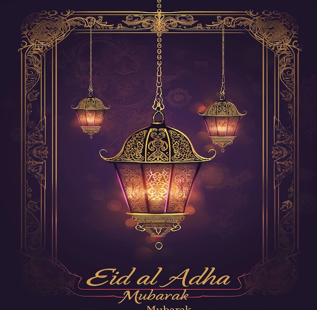 Photo illustration of a lantern with intricate designs hanging from an ornate frame with eid al adha