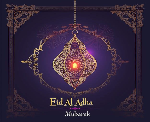 illustration of a lantern with intricate designs hanging from an ornate frame with Eid Al Adha