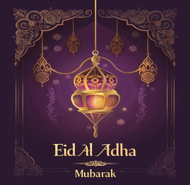 Photo illustration of a lantern with intricate designs hanging from an ornate frame with eid al adha