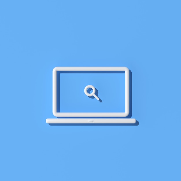 Illustration of laptop with searching icon on blue background, Outline style, 3d rendering.