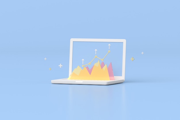 Illustration of laptop with stock trading graph, growing strategy chart, cloud computing. 3d rendering.