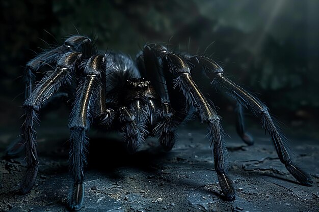 Illustration of large black spider was on the floor illuminated by studio lighting against a dark