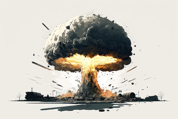 Illustration of a large bomb going off on the ground complete with shrapnel and dark clouds