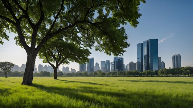 Photo illustration of a large open green field in the foreground with tall lush trees