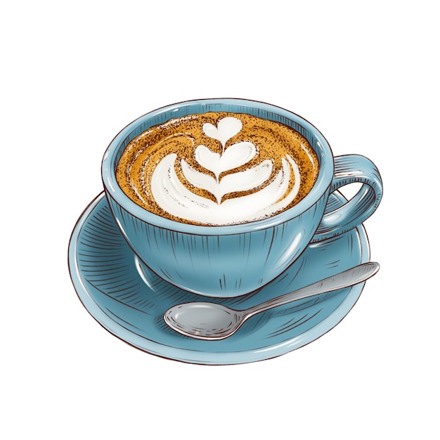 Illustration of latte coffee in a blue cup