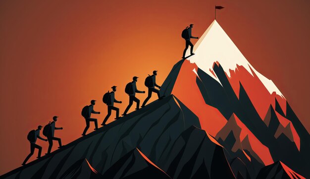 Illustration Leader leads his men to the top of the mountain and reach the goal