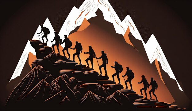 Illustration Leader leads his men to the top of the mountain and reach the goal