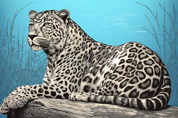 Illustration of a leopard lying on a rock looking at the camera