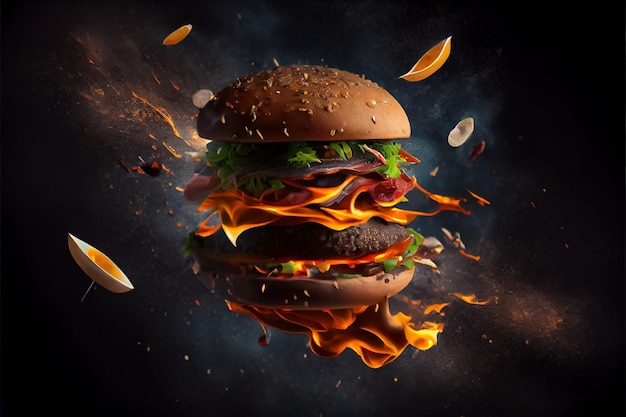 Illustration of levitating burger on fire on black background AI