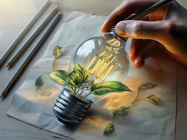 Illustration of a Light Bulb with Green Leaves Growing Inside