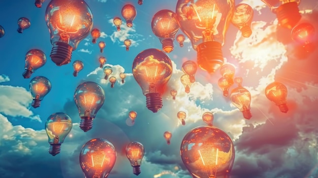 illustration of light bulbs floating in the sky in a whimsical dreamscape idea education