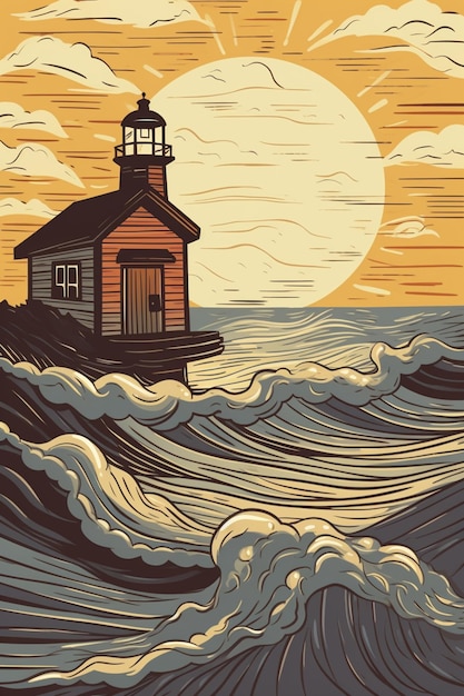 Illustration of a lighthouse on a small wooden structure in the middle of a large body of water generative ai