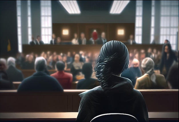 Illustration of litigation process in the courtroom person standing with his back and responsible