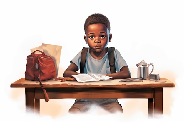 illustration of a little African boy sitting on a school table with his belongings on the table wh