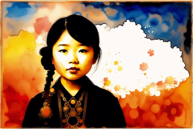 An illustration of A little asian girl Playing Silhouette Watercolor paint Generative AI