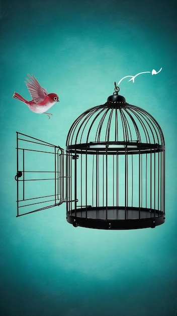 Illustration of little bird flying out of open birdcage surreal freedom motivational concept