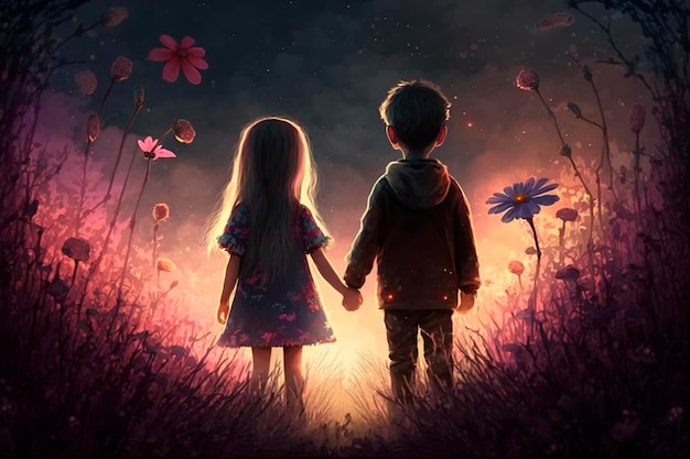 Illustration of a little boy and girl in a fantasy world holding hands from behind AI generated