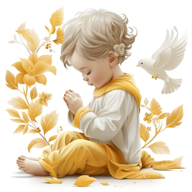 Illustration of a little boy who prays asks for forgiveness Christianity Jesus Christ next to doves birds of peace